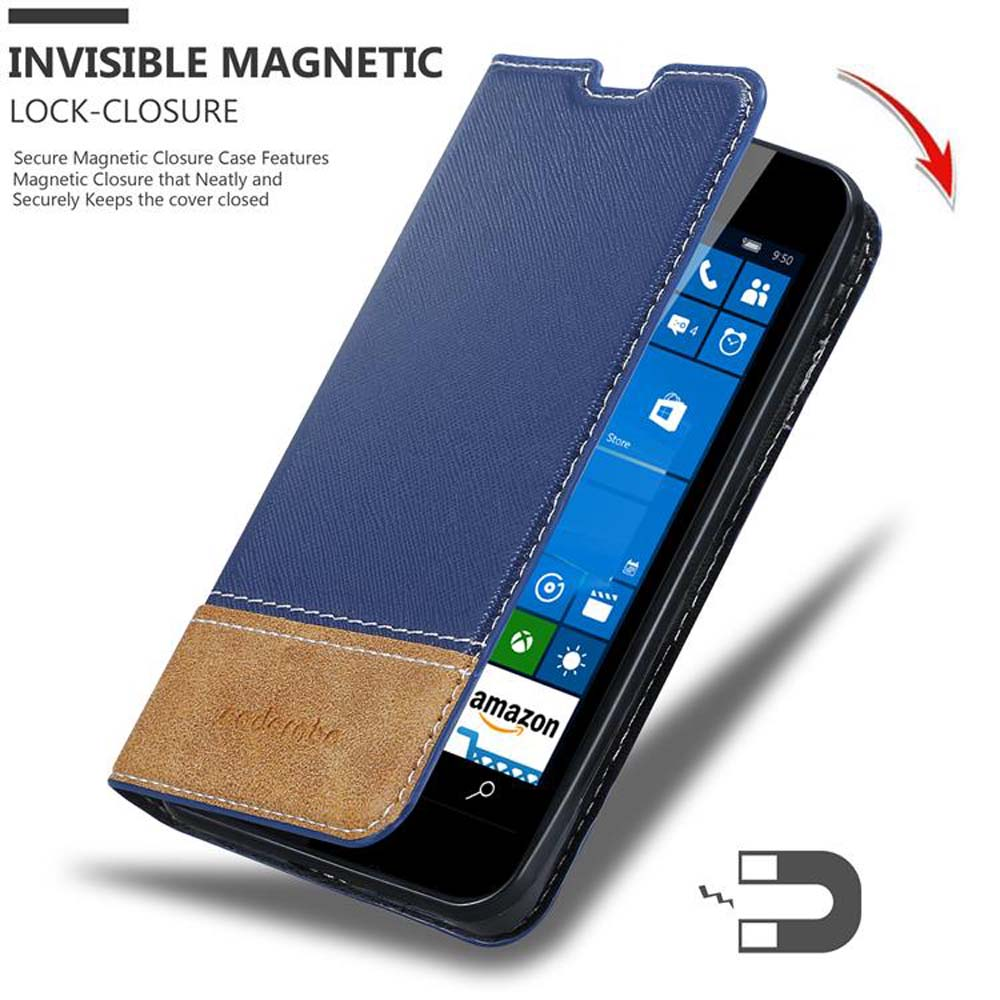 Custodia a flip magnetica blu e marrone per smartphone con icone app sullo schermo.