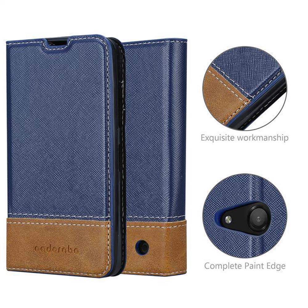 Custodia blu per telefono con accenti marroni, primi piani mostrano cuciture e fotocamera.