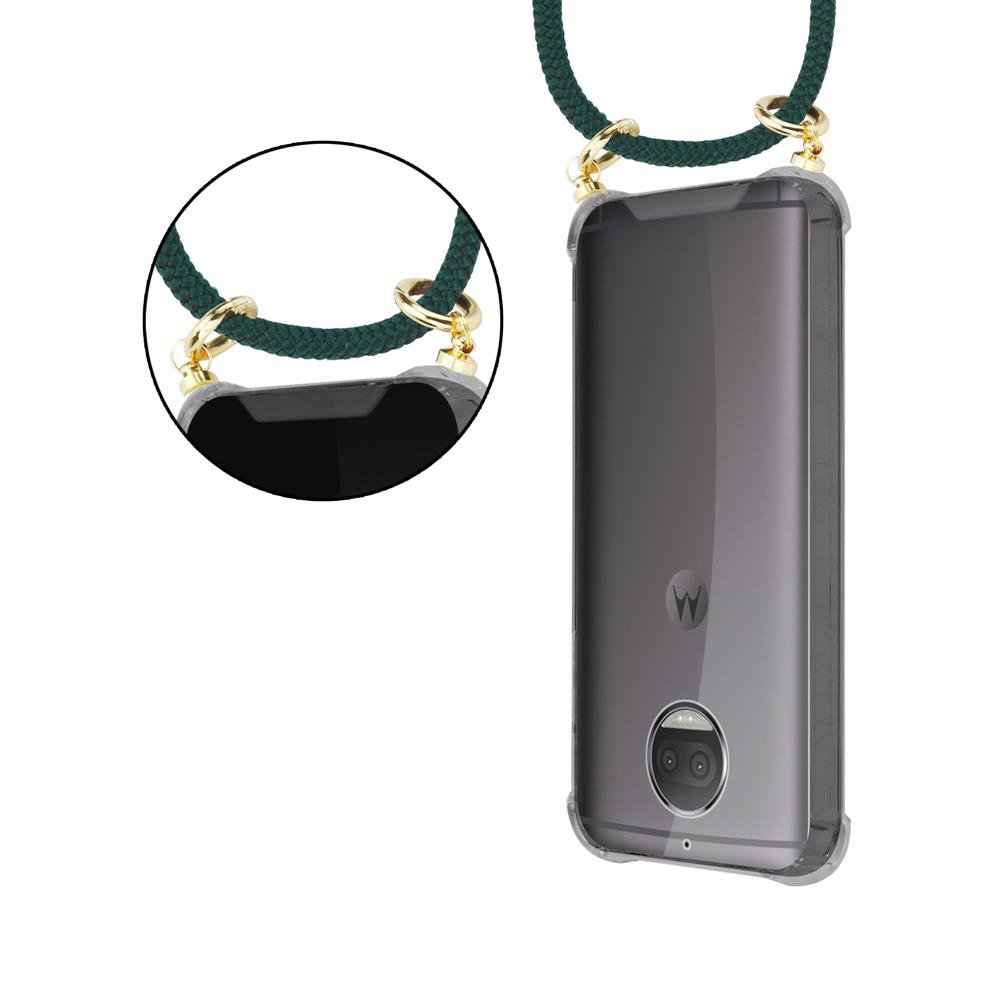 Laccetto verde scuro per telefono con clip dorate attaccato a un telefono trasparente.