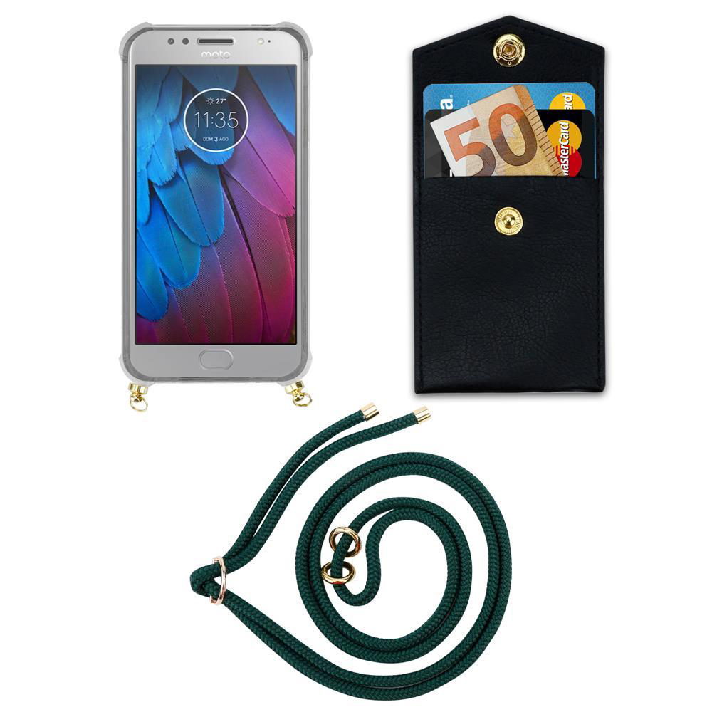Uno smartphone in custodia, un portafoglio nero con soldi e carte, e un cordino.
