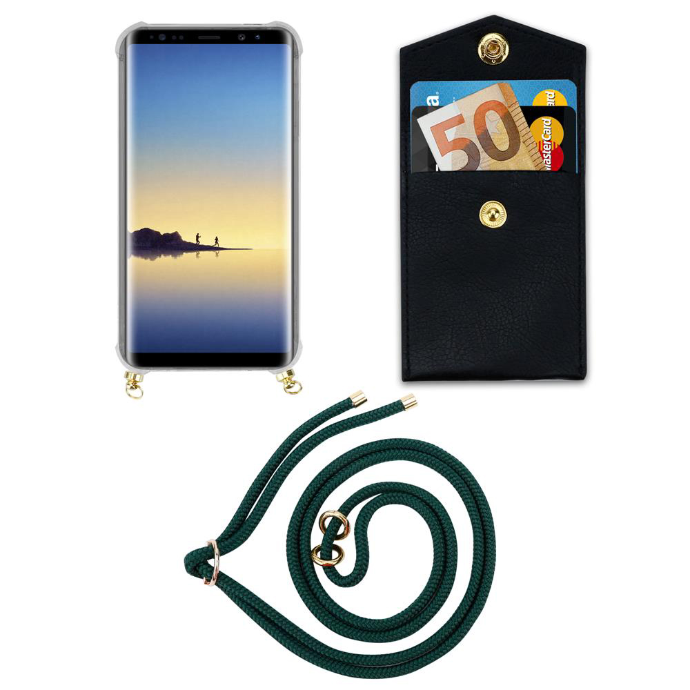 Smartphone con custodia, portafoglio con soldi e carte, e cordino.