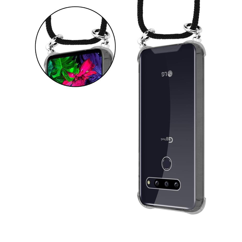 Ein dunkles Handy mit Lanyard. Das Display zeigt bunte Blumen.