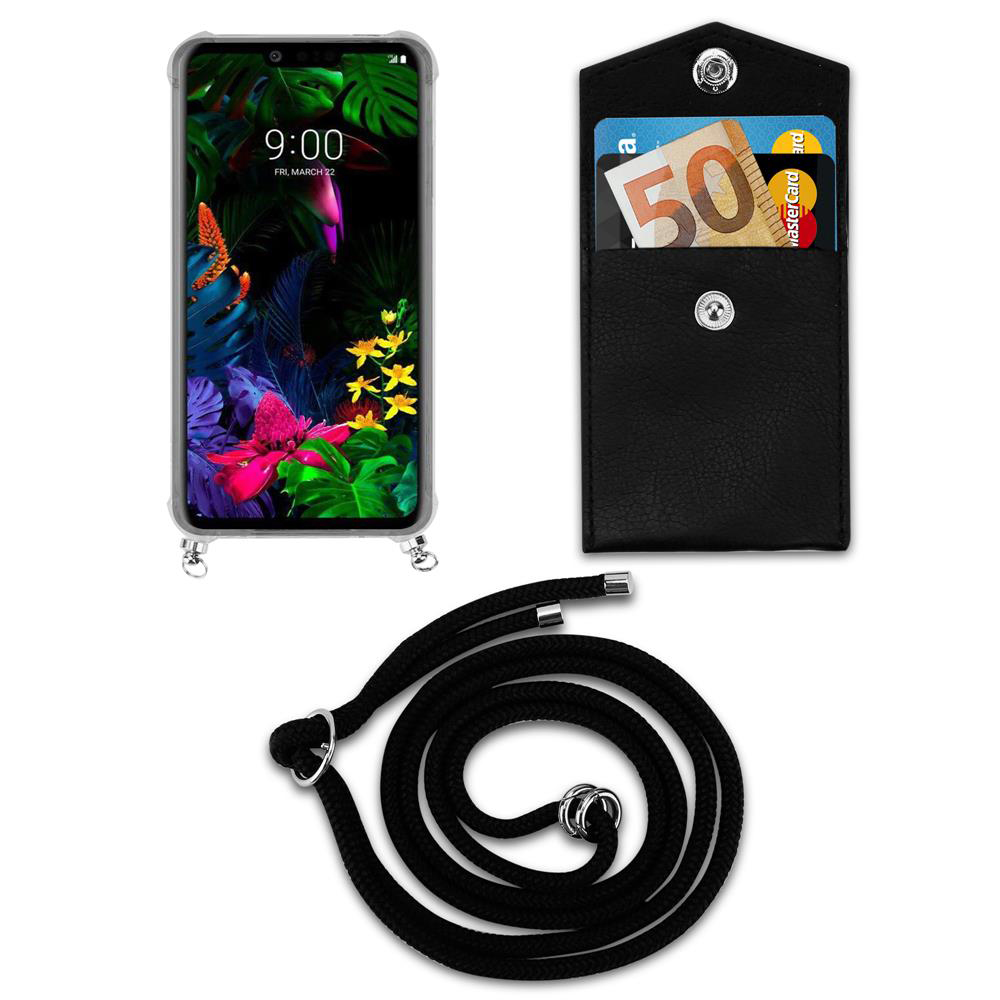 Ein Smartphone, eine schwarze Brieftasche mit Geld und eine schwarze Schnur.