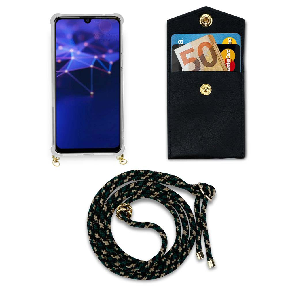 Uno smartphone in custodia, un portafoglio con euro e carte, e un cordino.