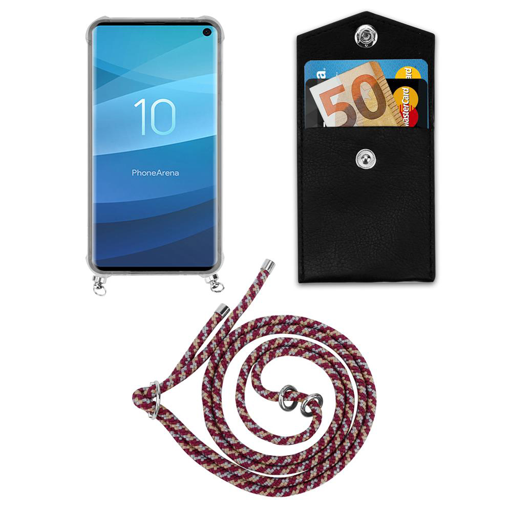 Uno smartphone in custodia, un portafoglio con soldi e carta, e un cordone.