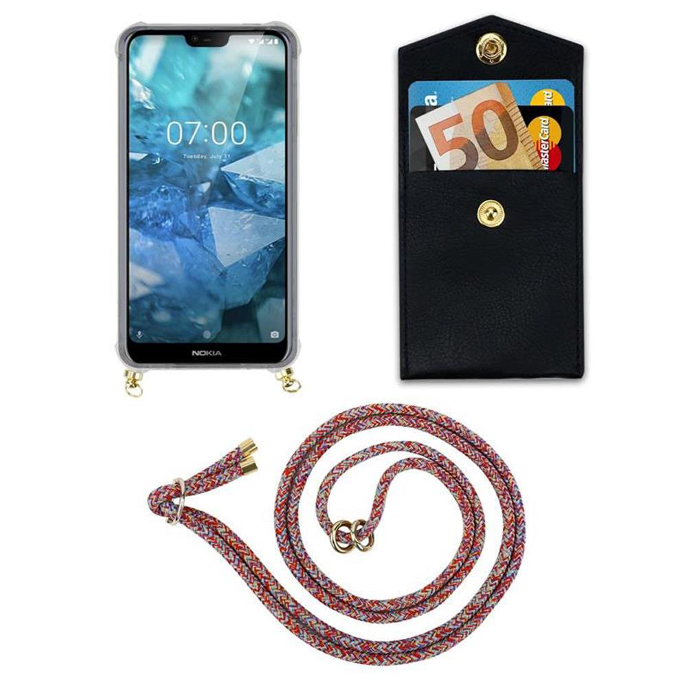 Nokia-Handy, schwarzes Etui mit Karten und Geld, bunte Kordel.