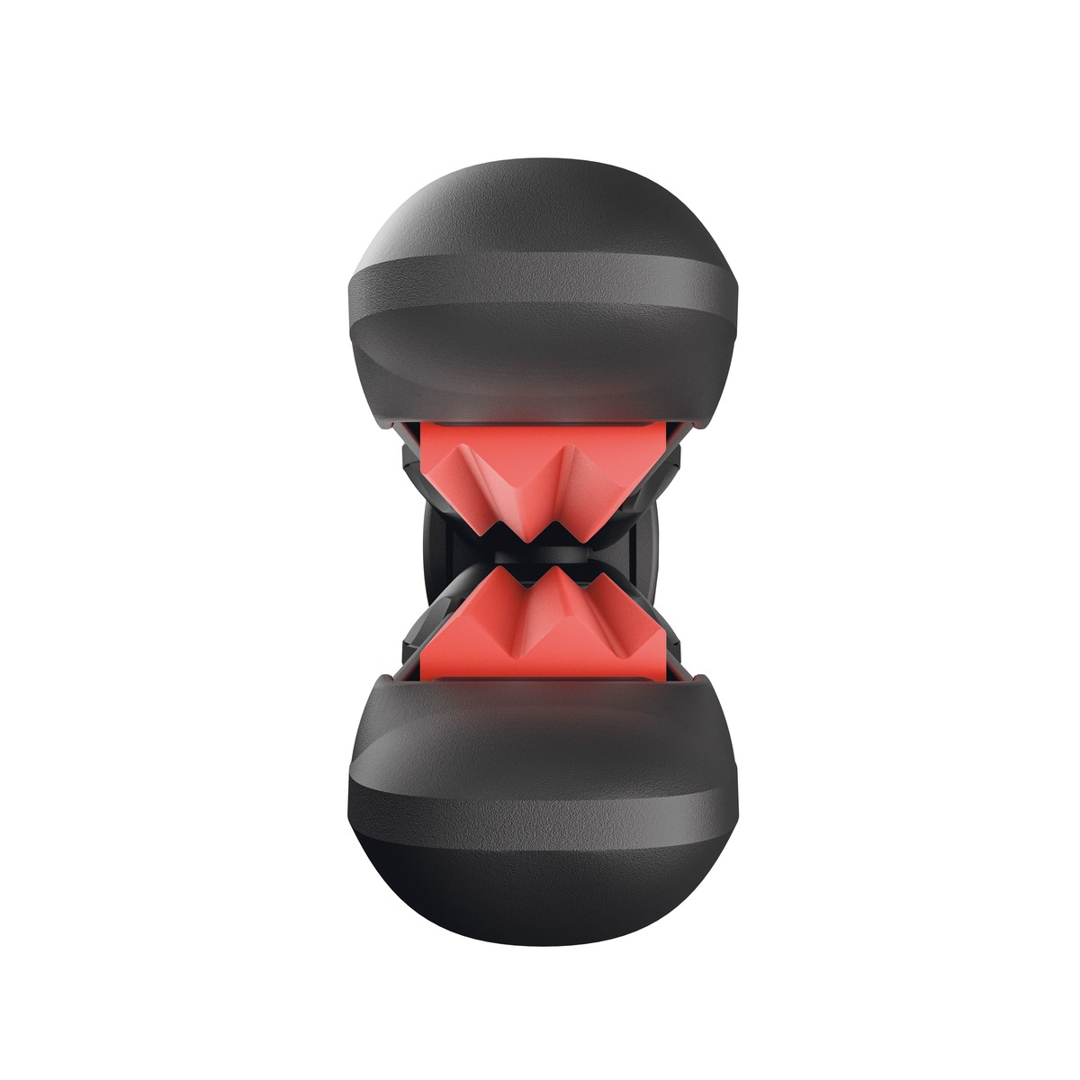 Czarny obiekt z czerwonymi wstawkami w kształcie zygzaka, na białym tle.