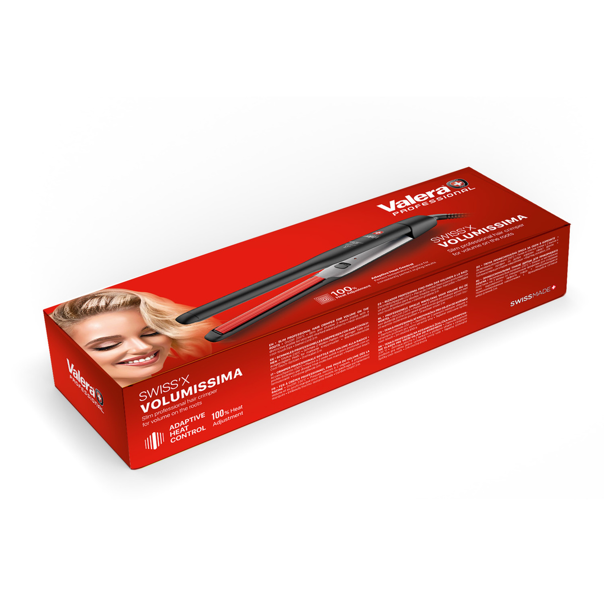 Czerwono-czarna, smukła karbownica Valera z kobietą na pudełku.