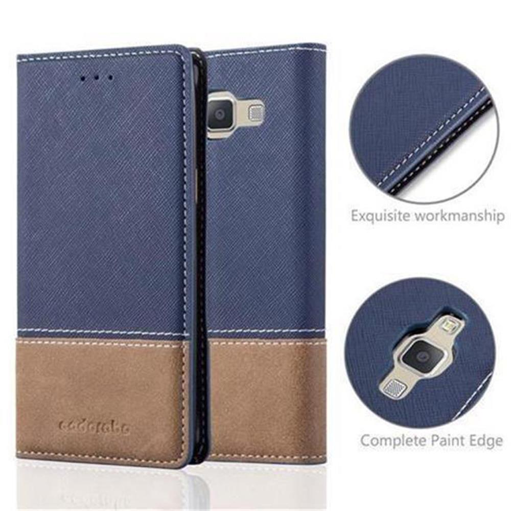 Blaues Handy-Flip-Case mit braunem Lederboden. Zeigt exquisite Handwerkskunst.