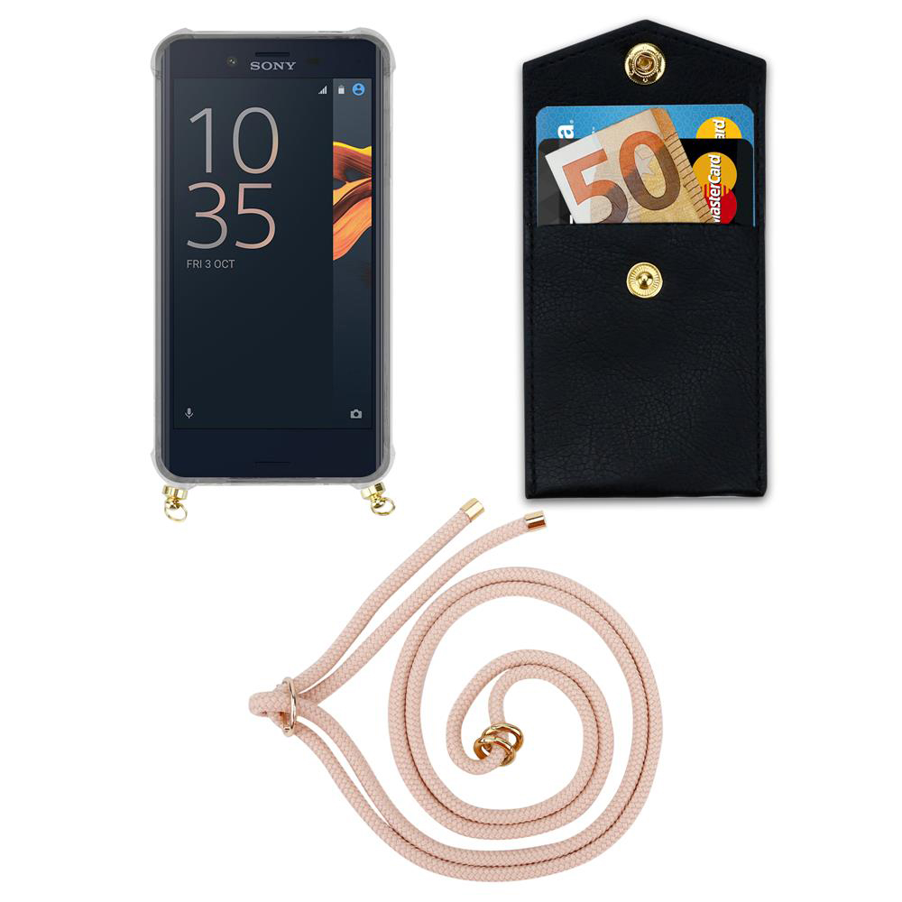 Un smartphone, una billetera negra con tarjetas y dinero, y un cordón rosa.