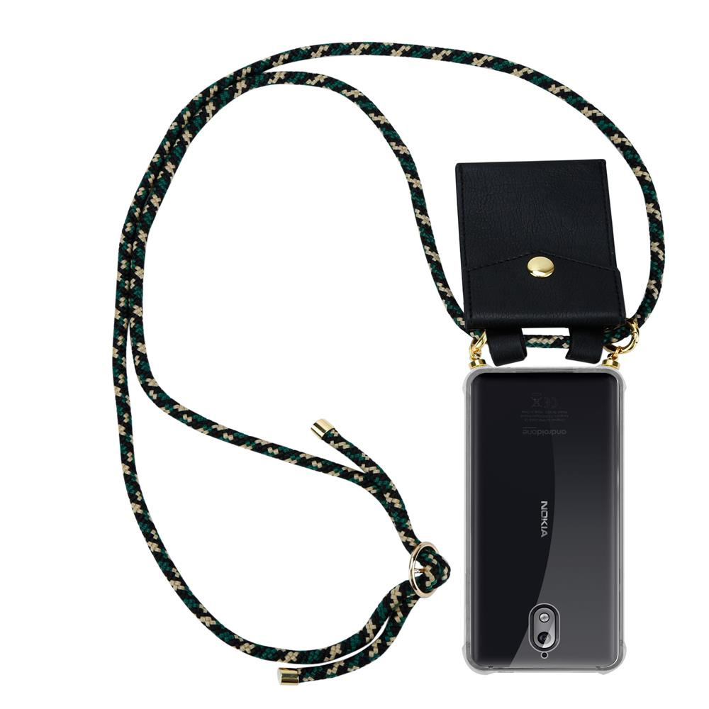 Schwarze Handyhülle mit Band und integrierter Tasche.