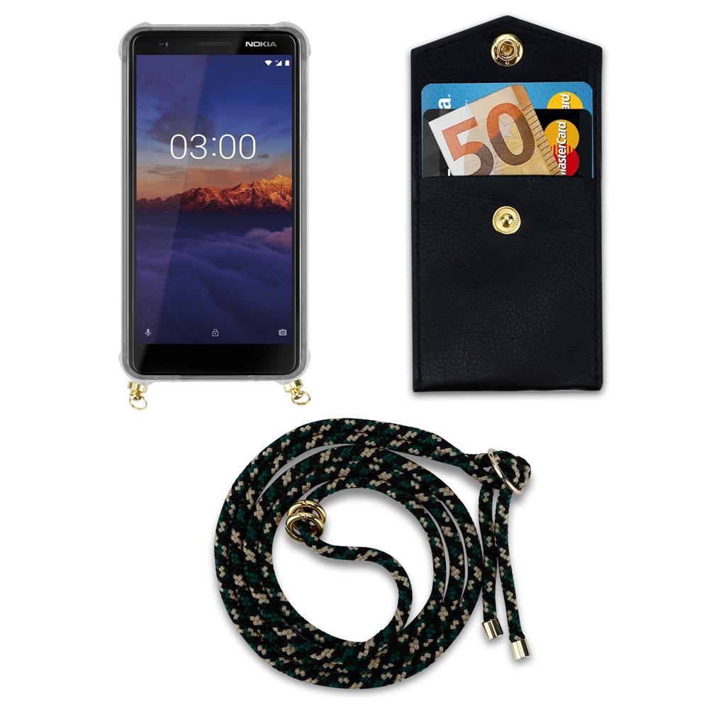 Smartphone mit Hülle, Geldbeutel mit Geld und Karten, und eine Kordel.