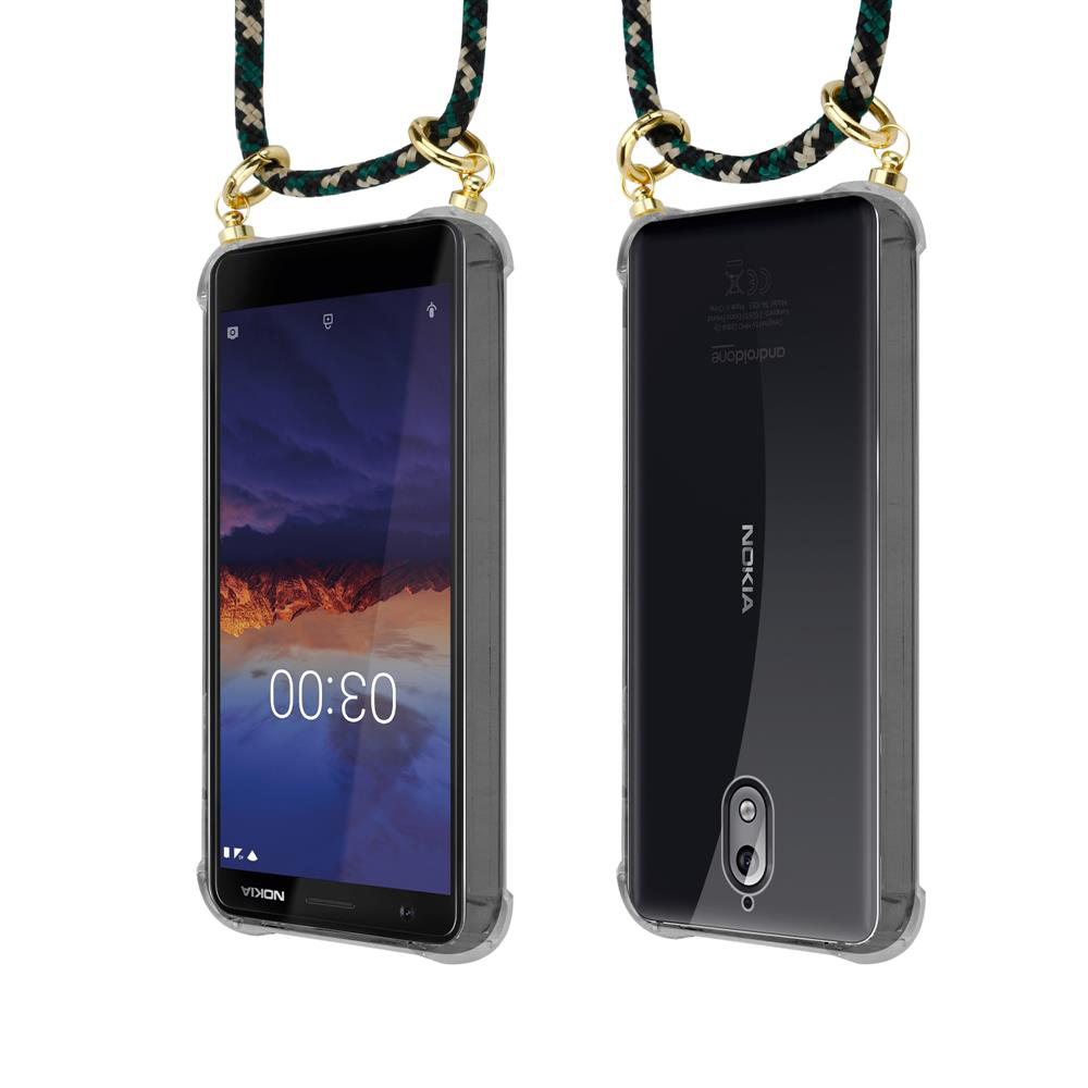 Zwei Nokia-Smartphones in transparenten Hüllen, mit Trageschlaufe.