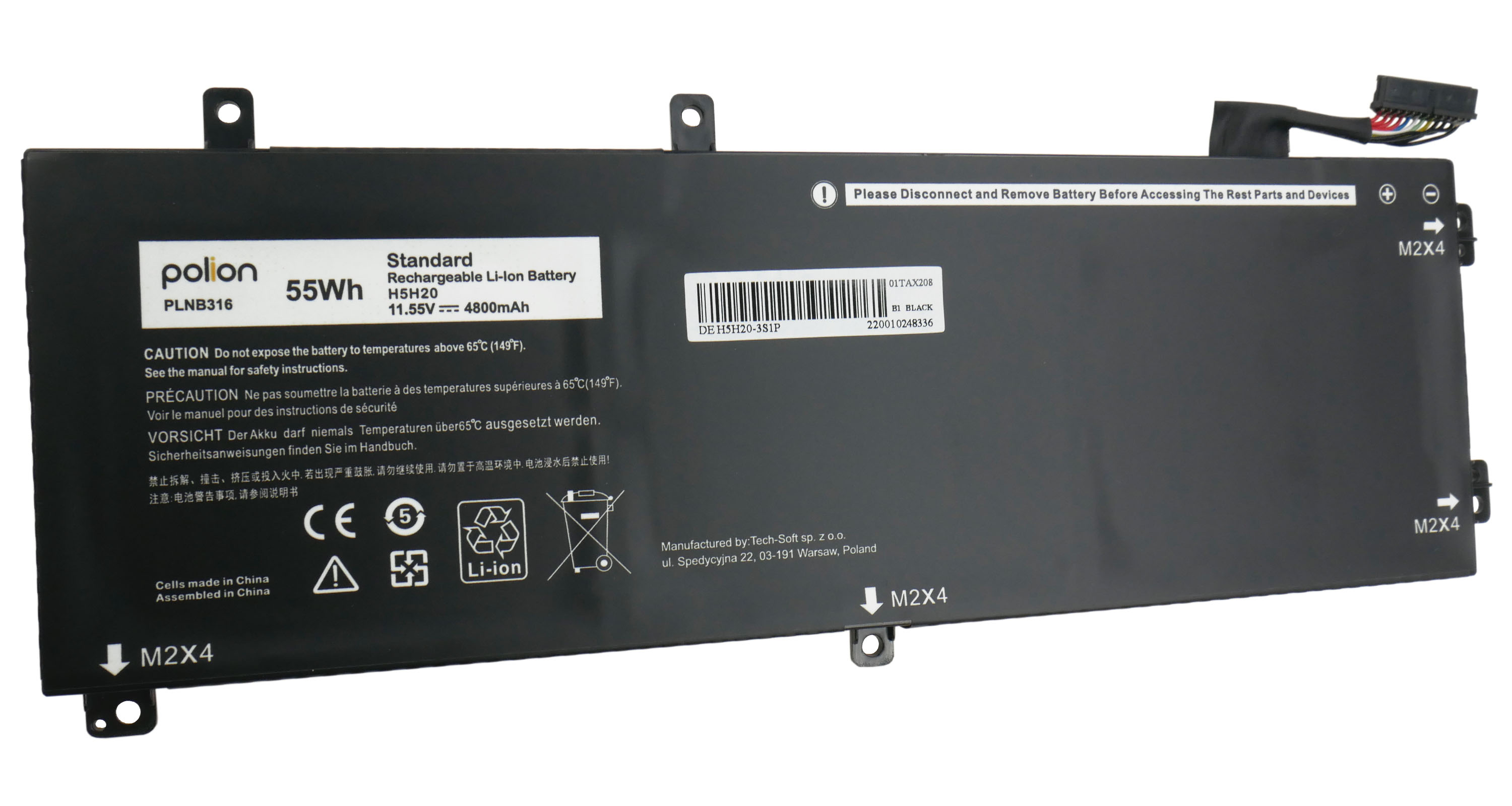 Czarna bateria do laptopa. Marka Polion, 55Wh, Li-Ion, z oznaczeniami M2X4.