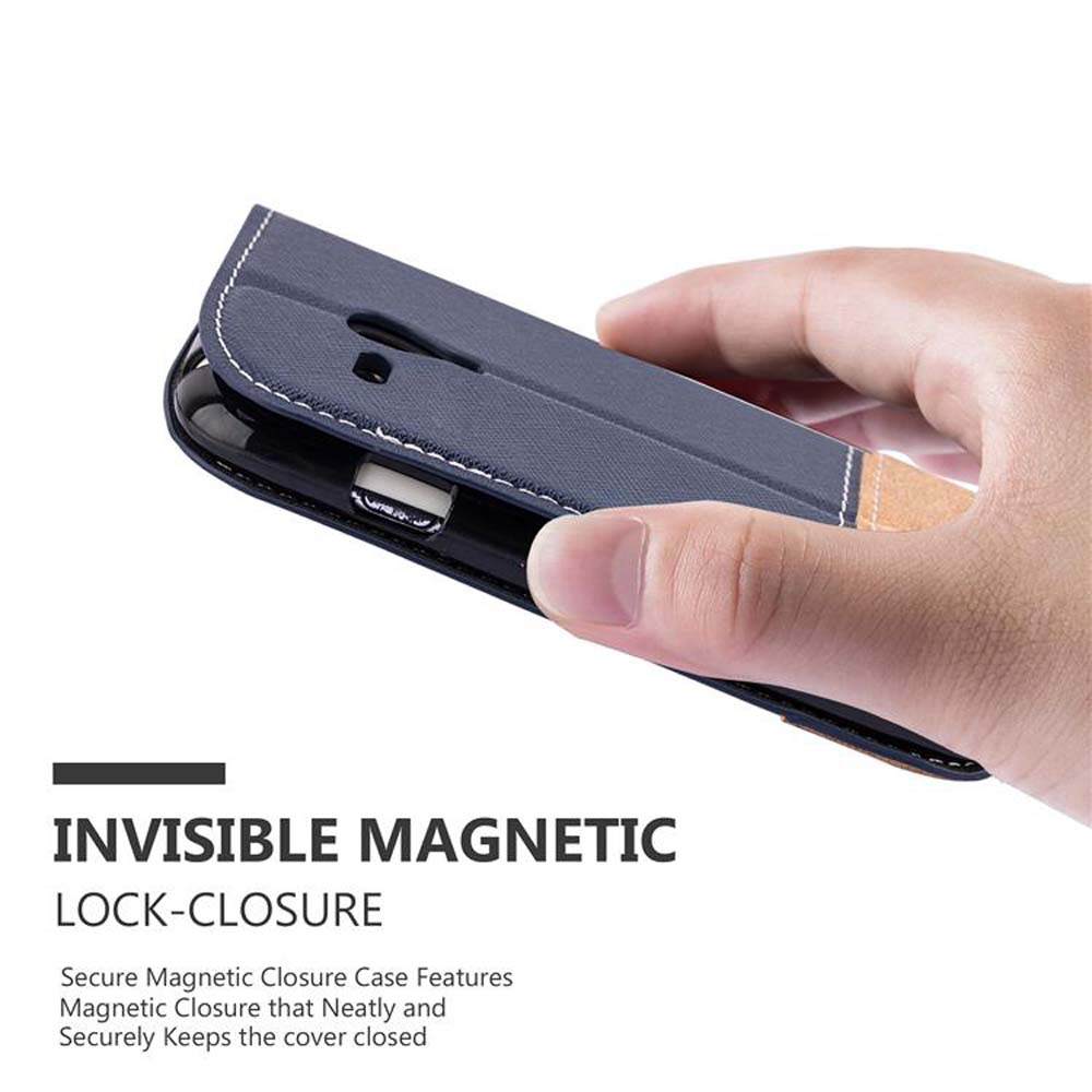 Dunkelgraue Handyhülle mit magnetischem Verschluss, von Hand gehalten.