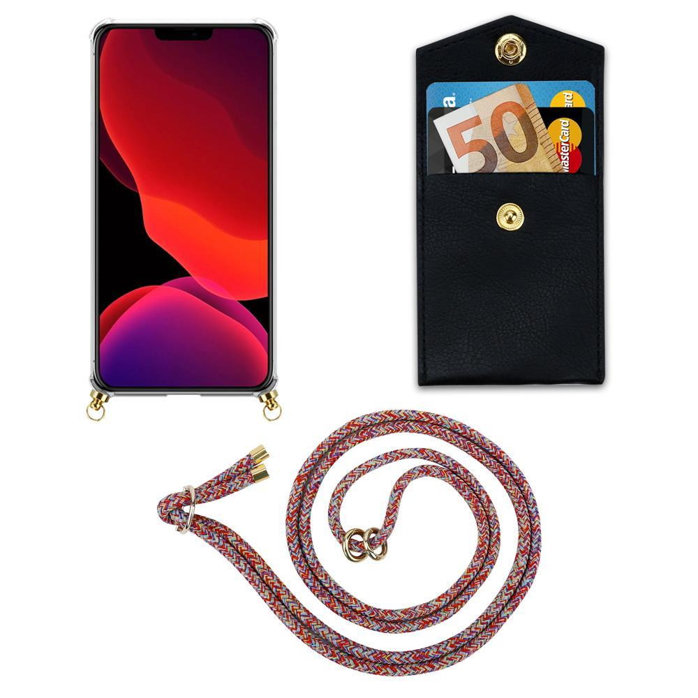 iPhone mit Hülle, schwarzer Kartenhalter mit 50€ Schein, und bunte Kordel.