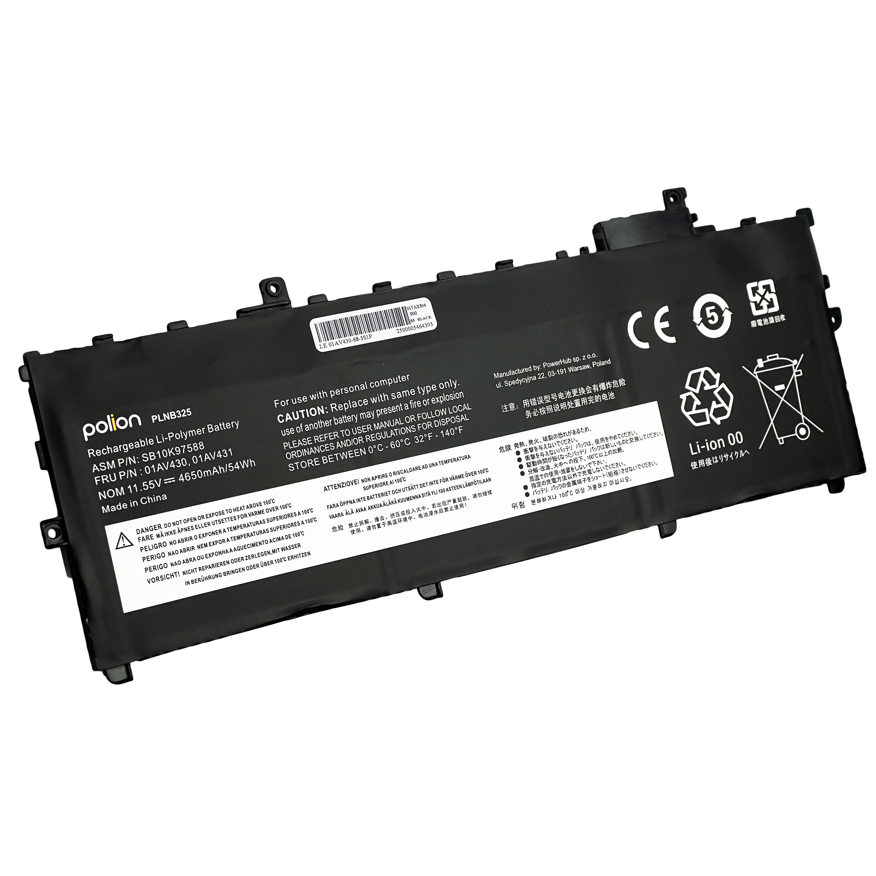 Czarna bateria do laptopa z logo polion, model PLNB325, ostrzeżeniami i znakiem CE.