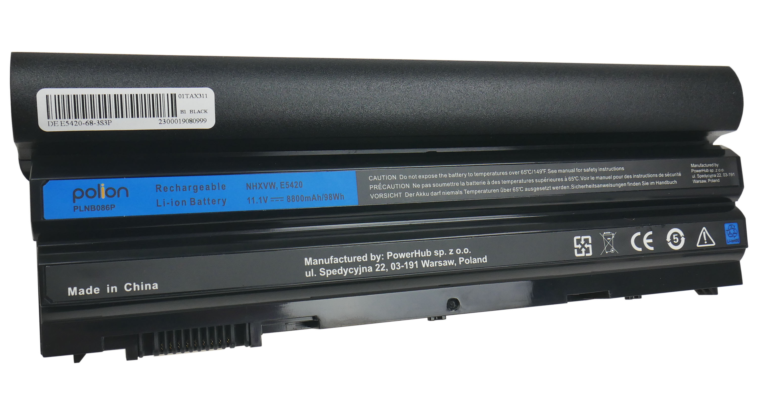 Czarna bateria do laptopa z etykietami: Polion, Akumulator Li-ion, 11.1V, 8800mAh.