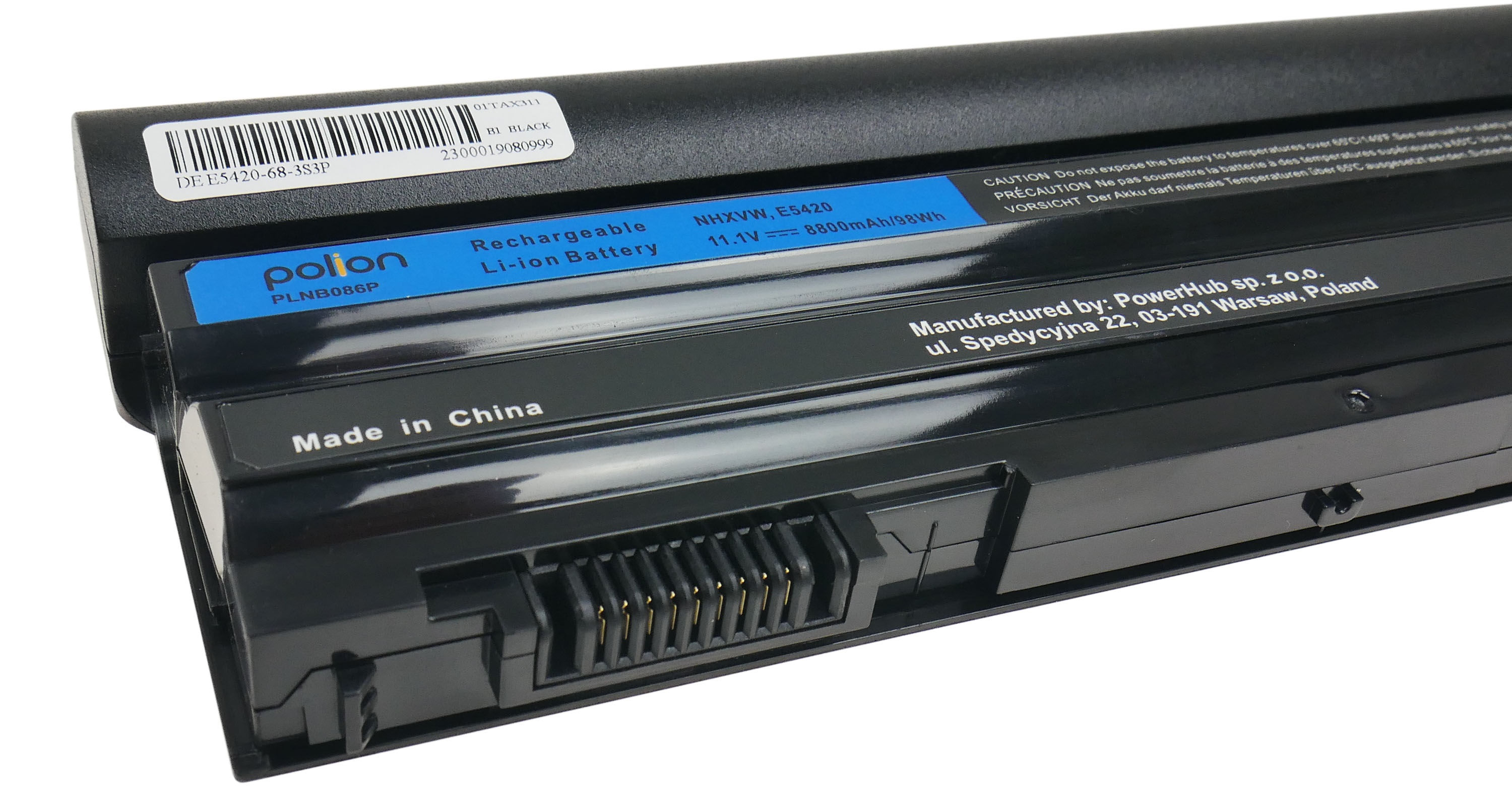 Czarna bateria do laptopa z etykietami i złączami. Wyprodukowano w Chinach.