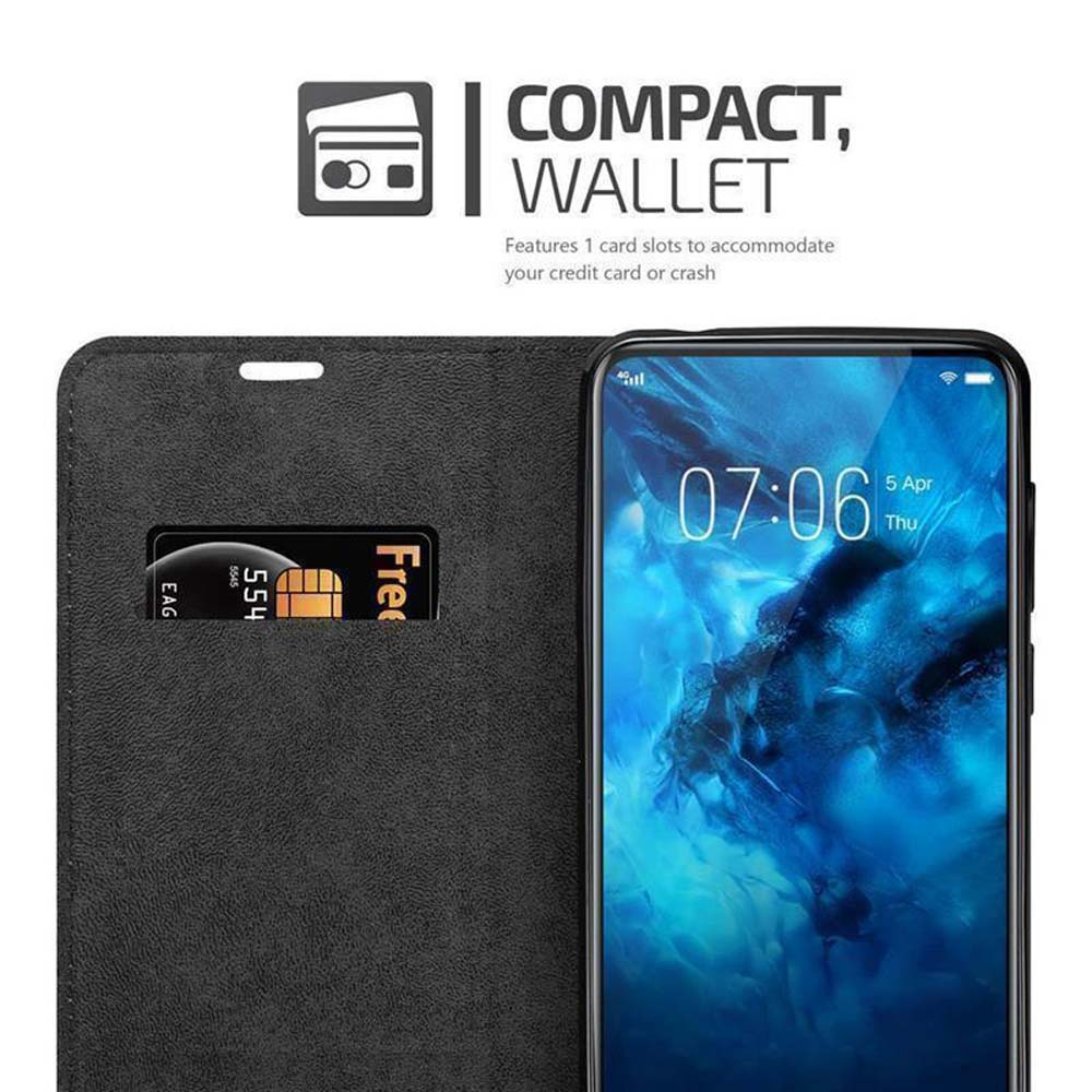 Custodia a portafoglio nera con carta e smartphone che mostra le 07:06.