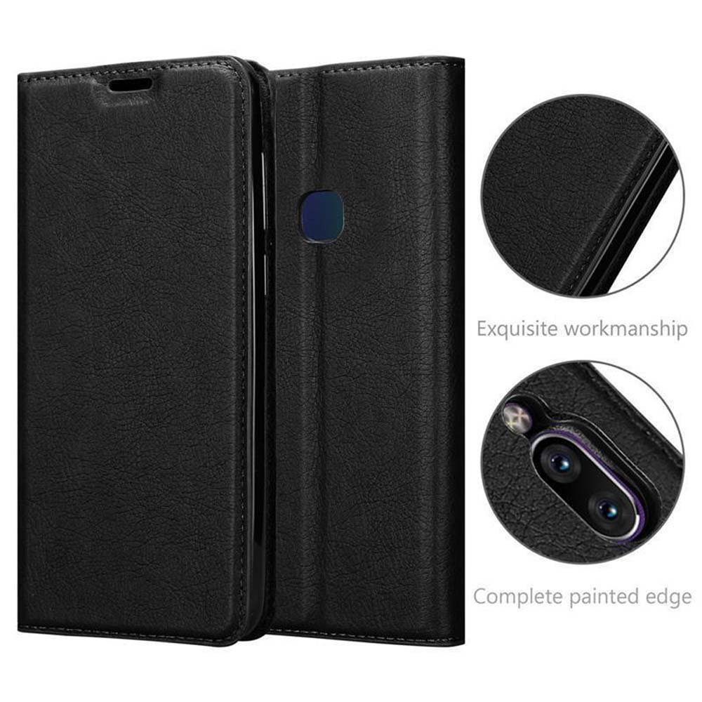Custodia flip in pelle nera con bordi finemente cuciti e foro per fotocamera.
