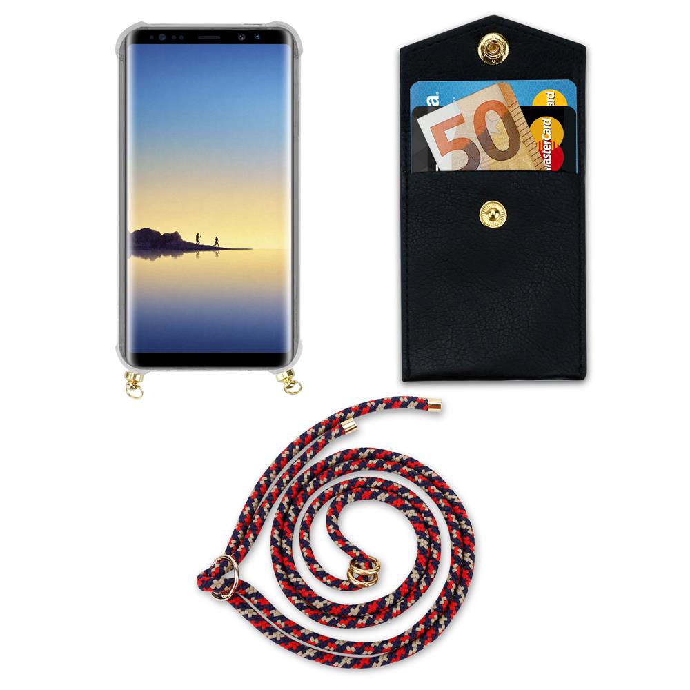Uno smartphone in custodia, una tasca nera con soldi e carte, e un cordino.
