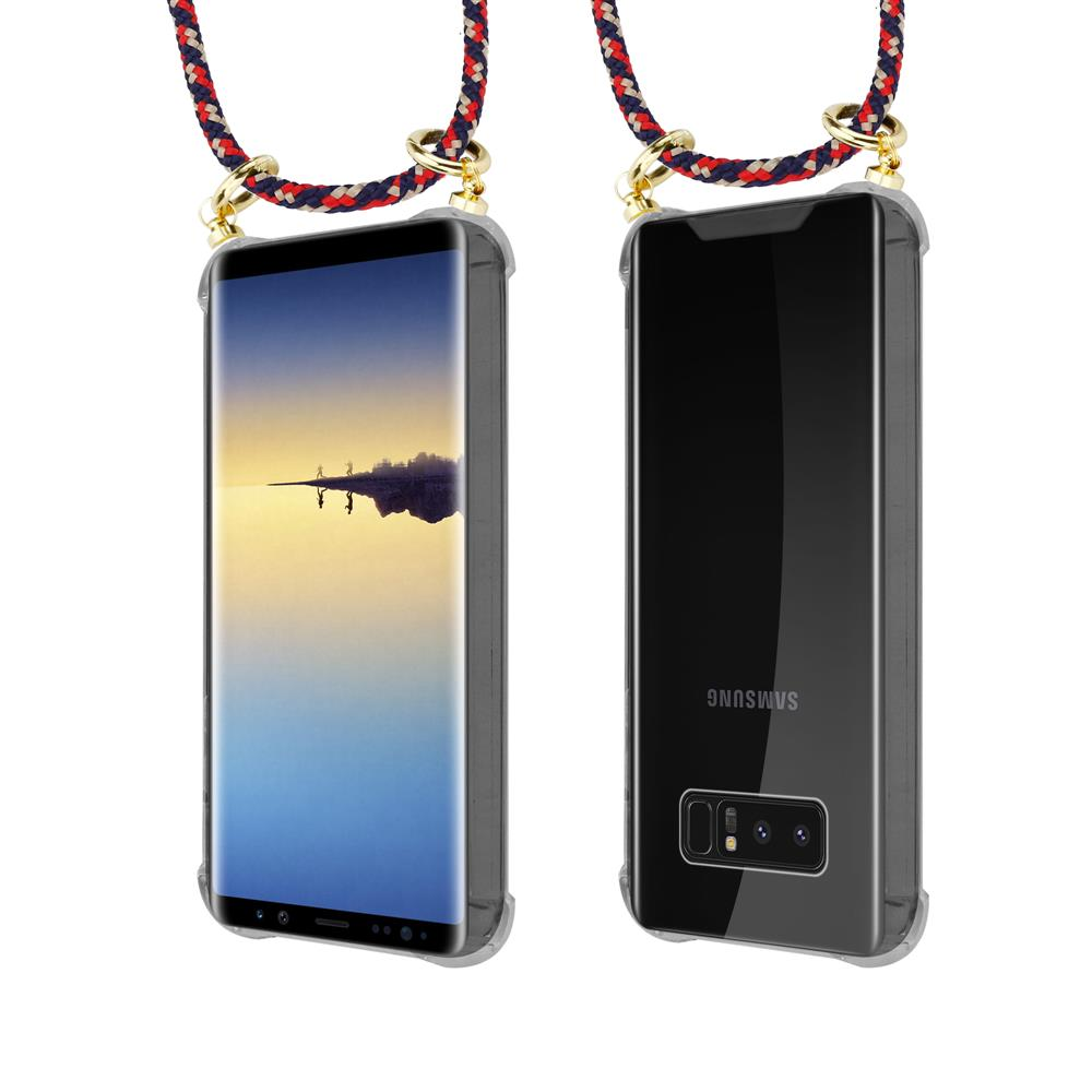 Due smartphone in custodie trasparenti con cordini colorati.