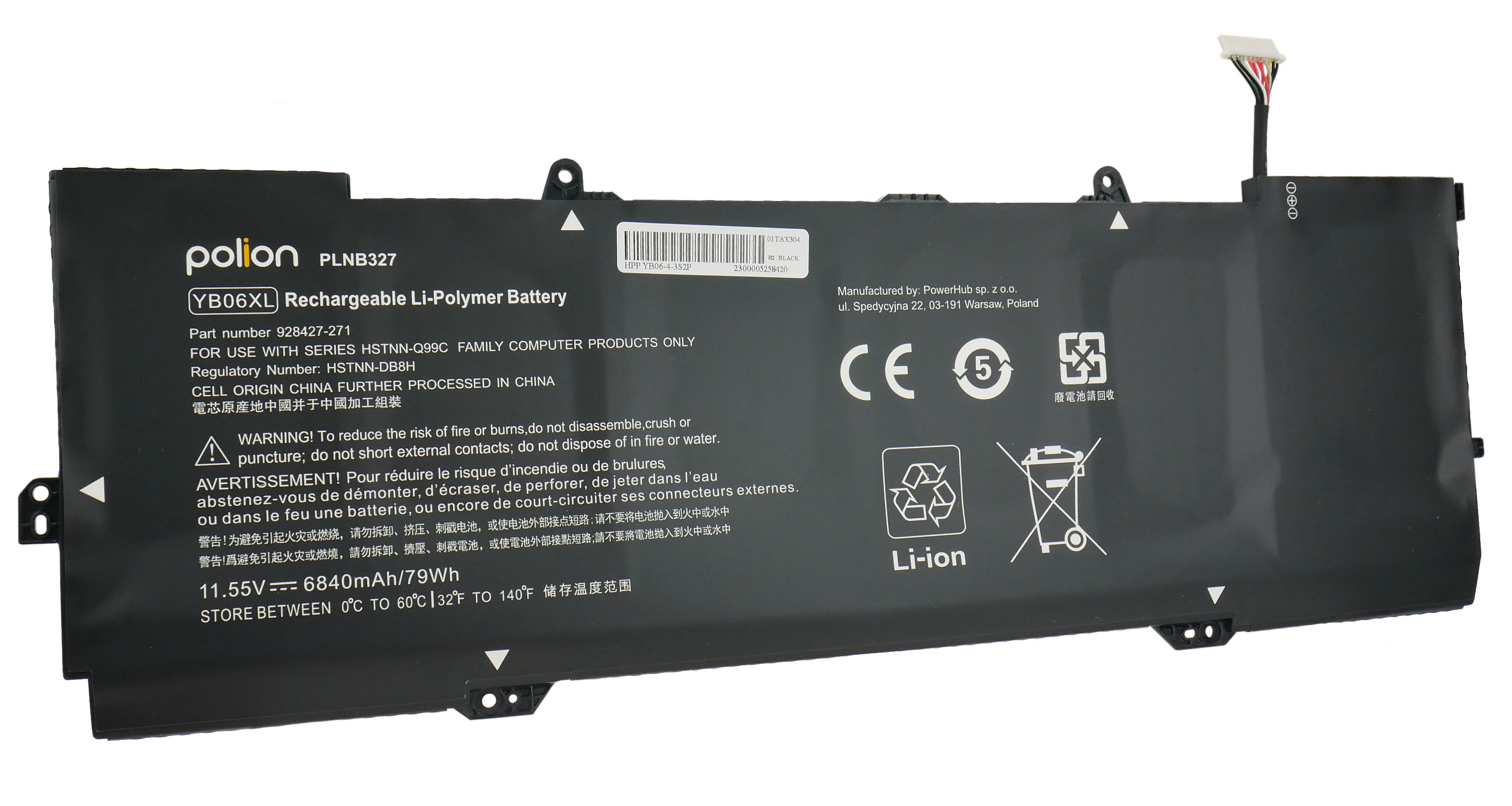 Czarny akumulator Li-Polimerowy ze złączem kablowym i etykietami.