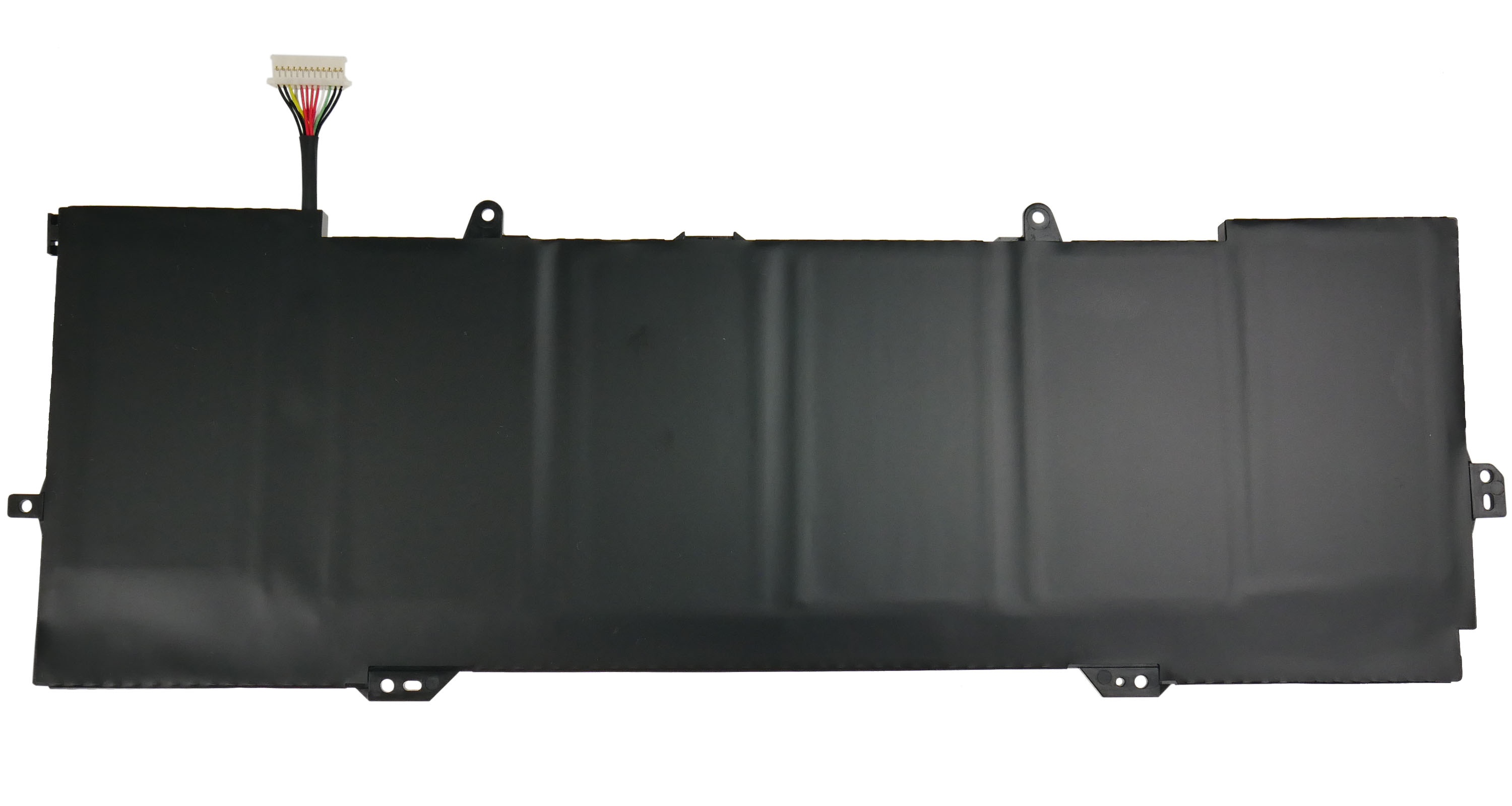 Czarna bateria do laptopa z białym kablem zasilającym i kolorowymi przewodami.