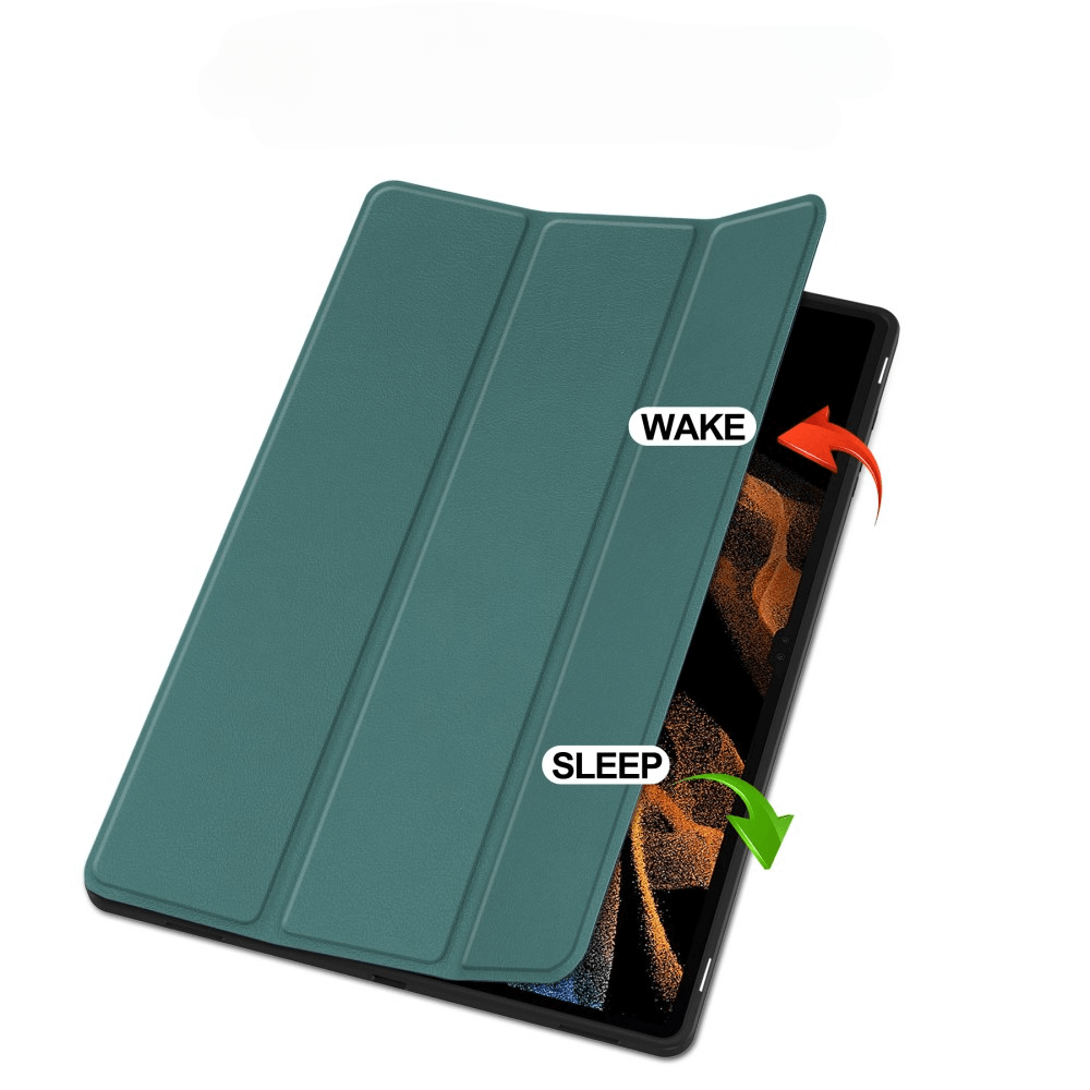 Türkise Tablet Hülle teilweise geöffnet, zeigt Bildschirm mit orangefarbenem abstraktem Design. Pfeile zeigen Wach/Schlaf.