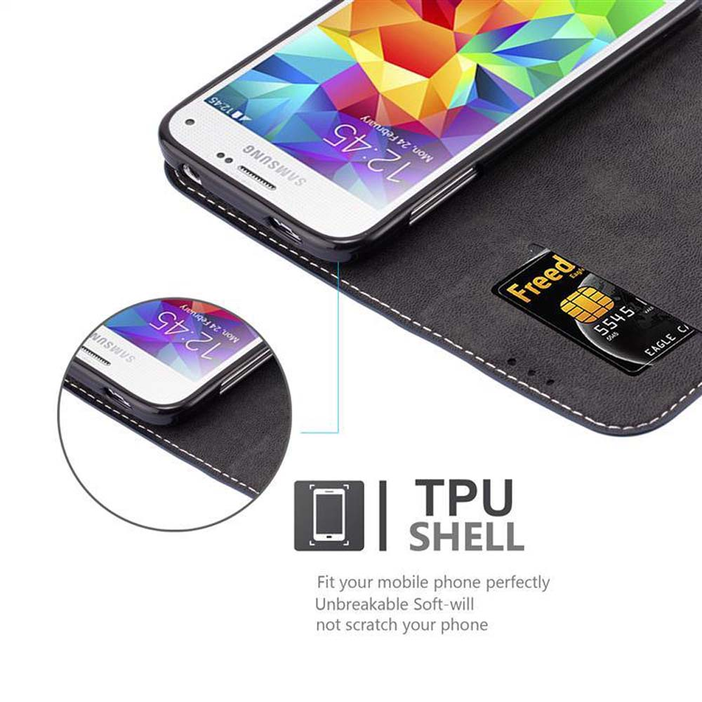 Uno smartphone in una custodia nera con slot per carte di credito e testo.