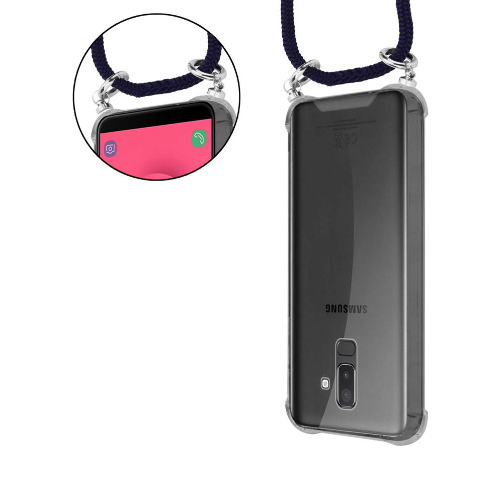 Ein Samsung-Handy mit einer Kordel, vorne und hinten gezeigt.