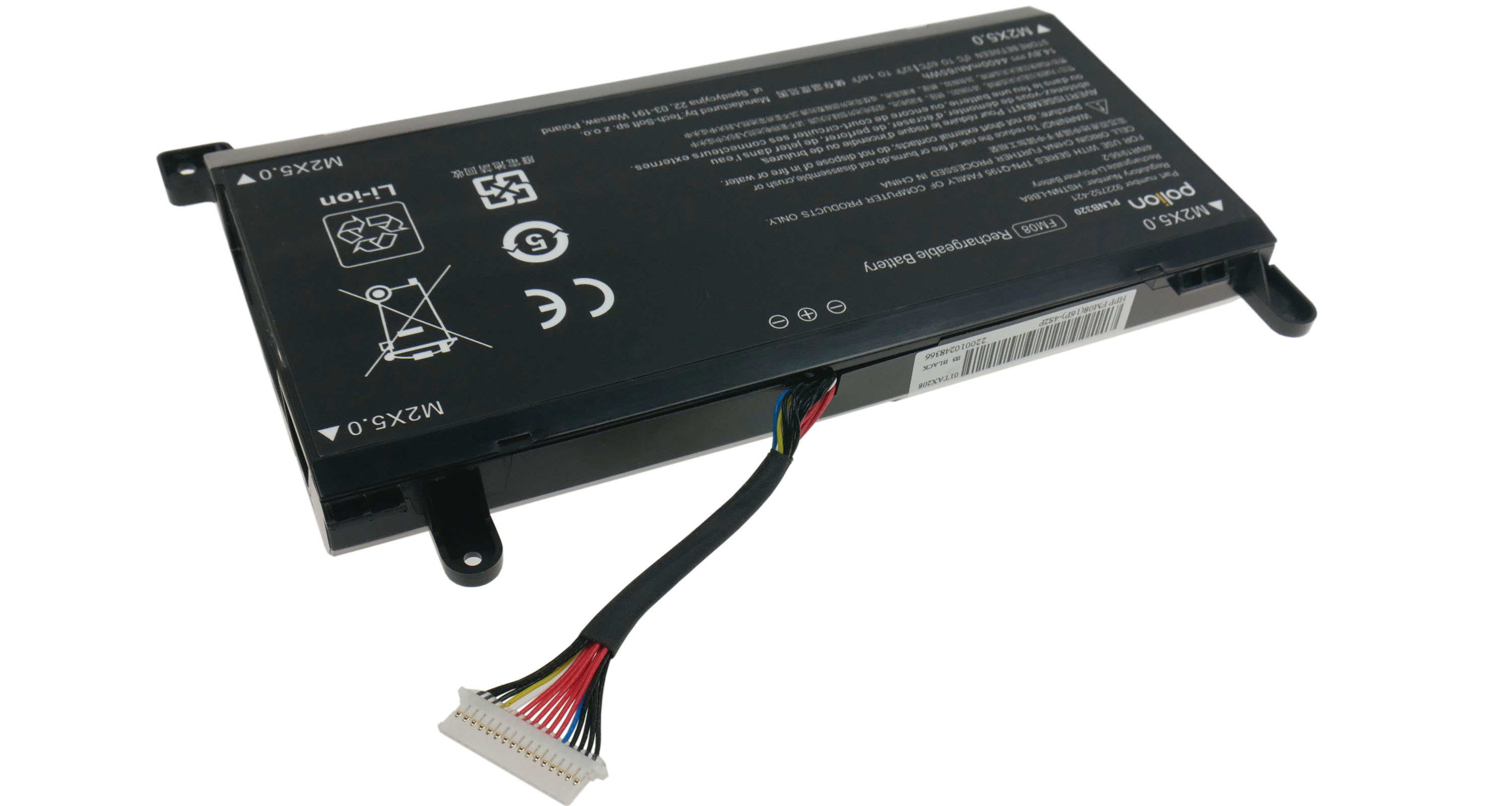 Czarna bateria do laptopa z kablem i złączami, widoczne napisy i symbole.