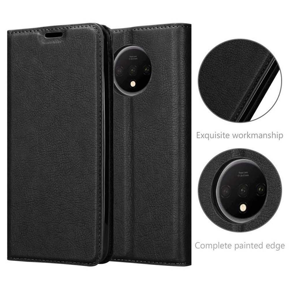 Custodia a libro in pelle nera per smartphone con obiettivo fotocamera rotondo.