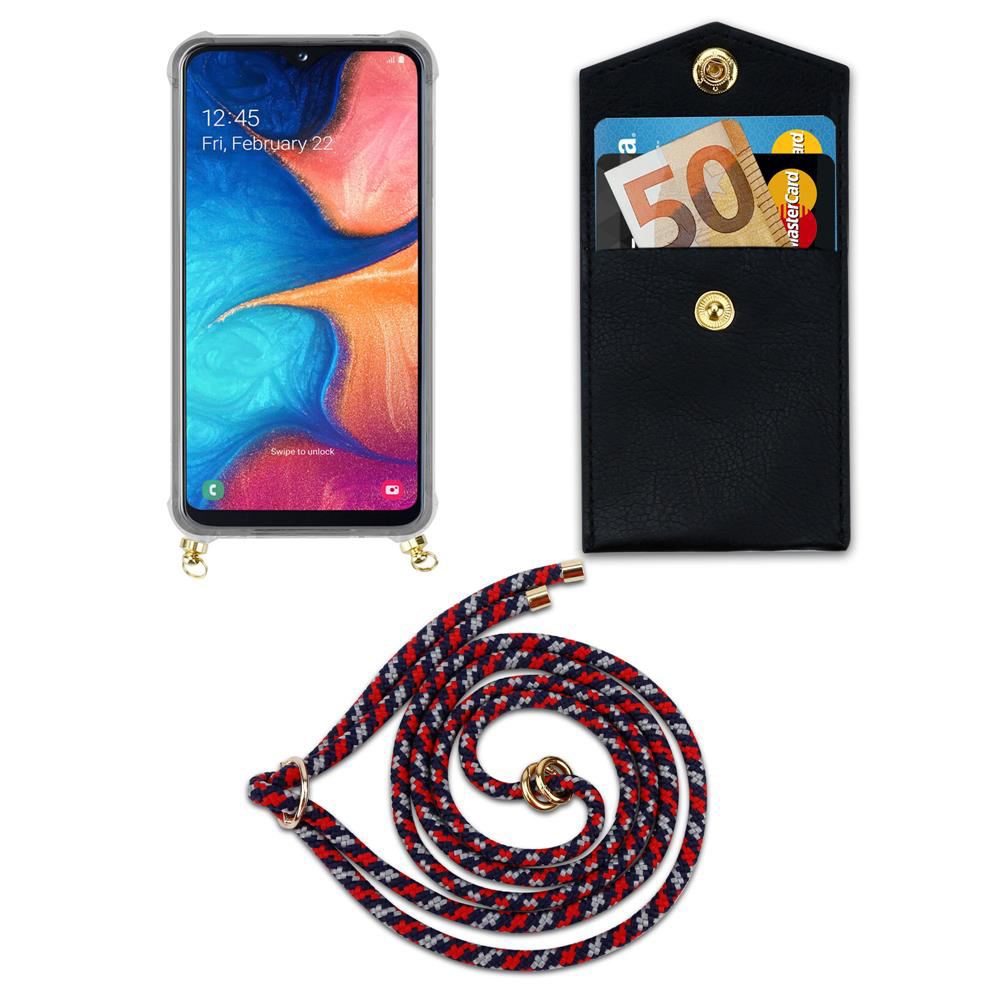 Uno smartphone, un porta carte nero con contanti e carte, e un cordino rosso, bianco e blu.