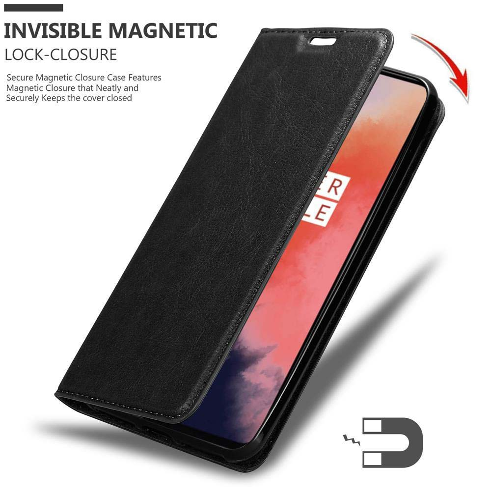 Custodia in pelle nera con telefono all'interno. Testo descrive chiusura magnetica.
