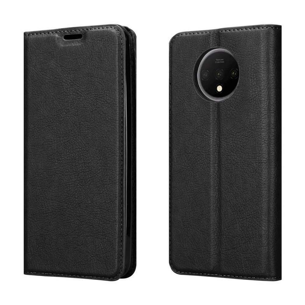 Una custodia a libro in pelle nera per smartphone, vista fronte e retro.