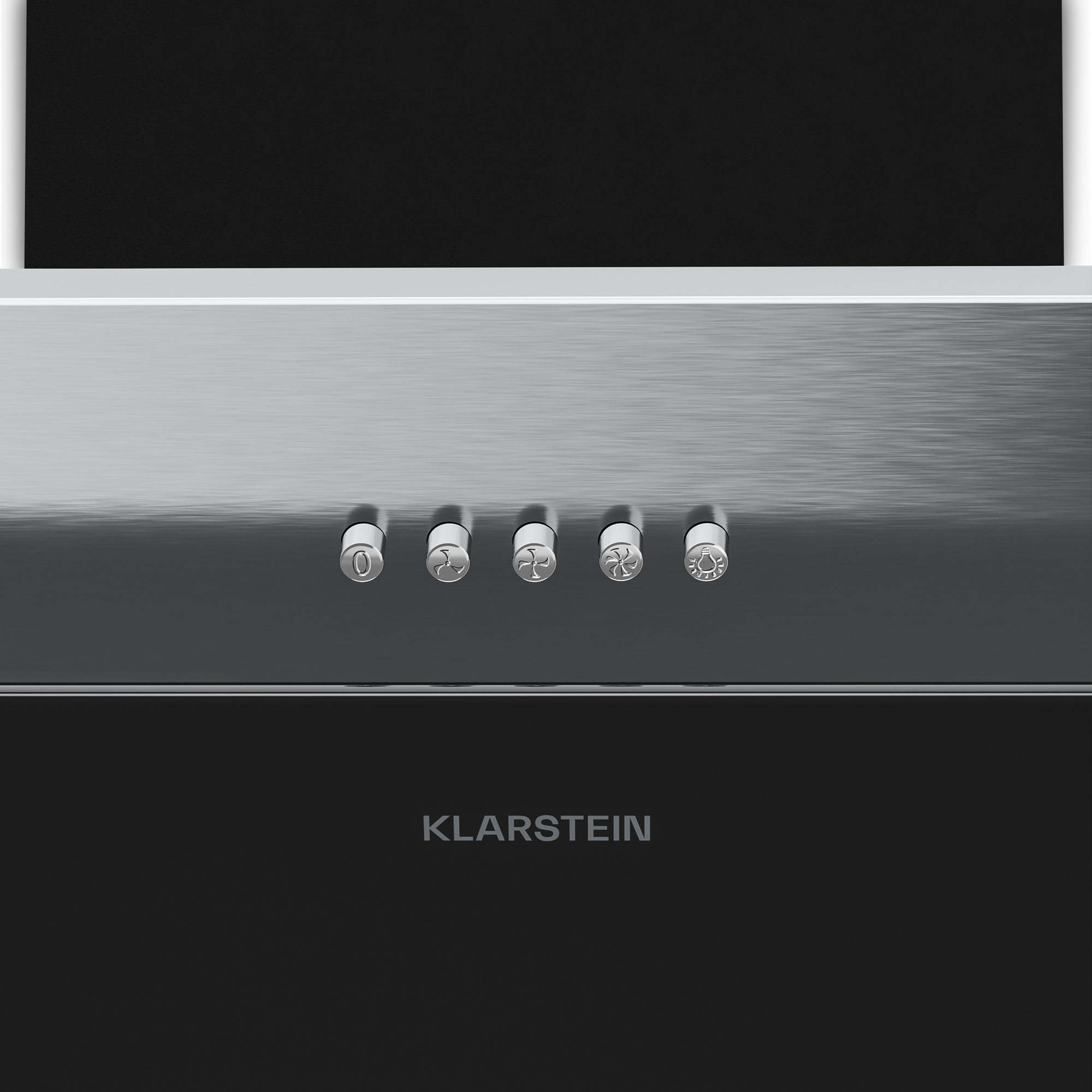 Campana extractora Klarstein con 5 botones de control: 0, ventilador, ventilador, ventilador, luz.
