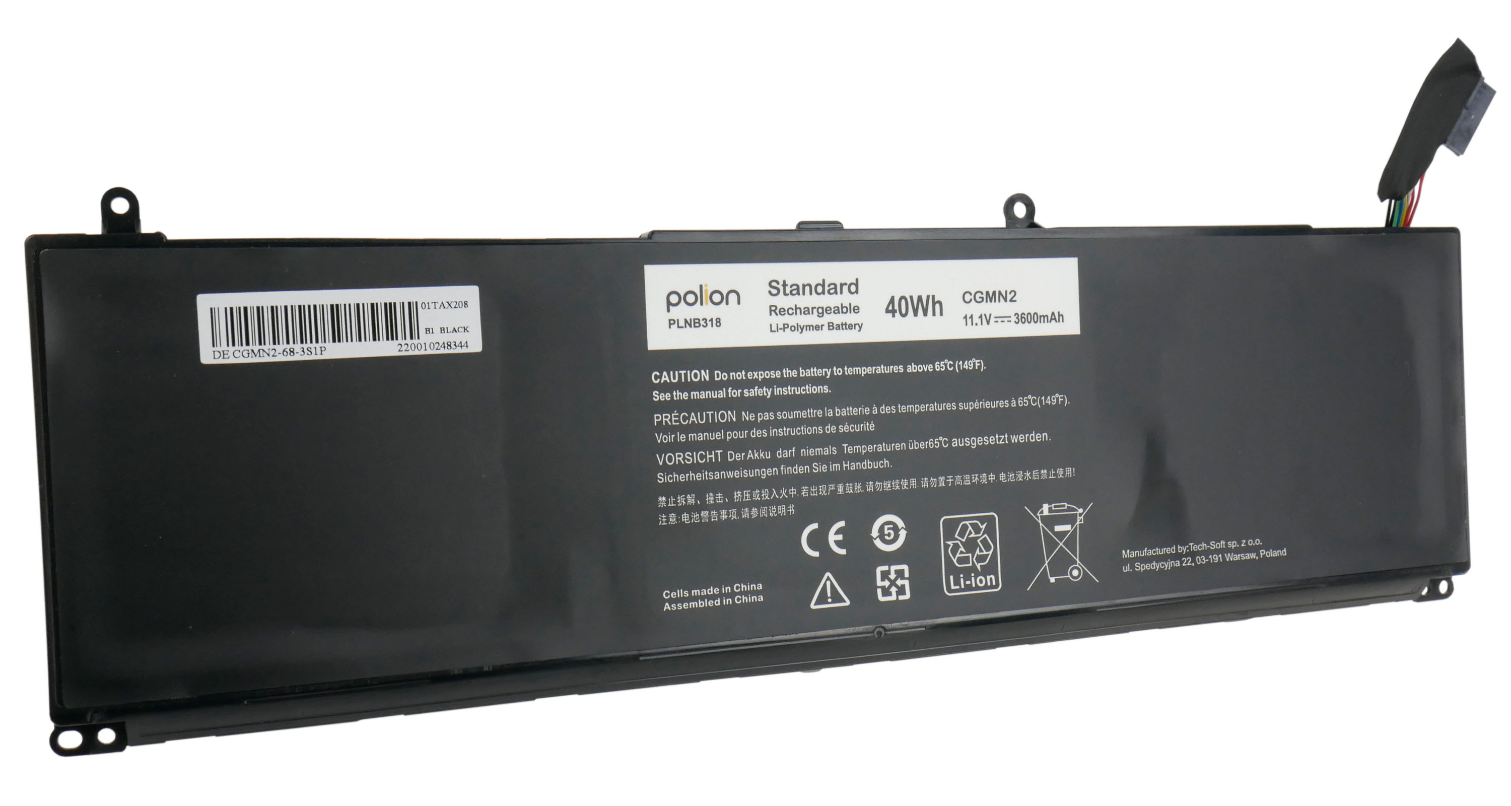 Czarny akumulator do laptopa, 40Wh, Li-Polimer, z etykietą i złączem.