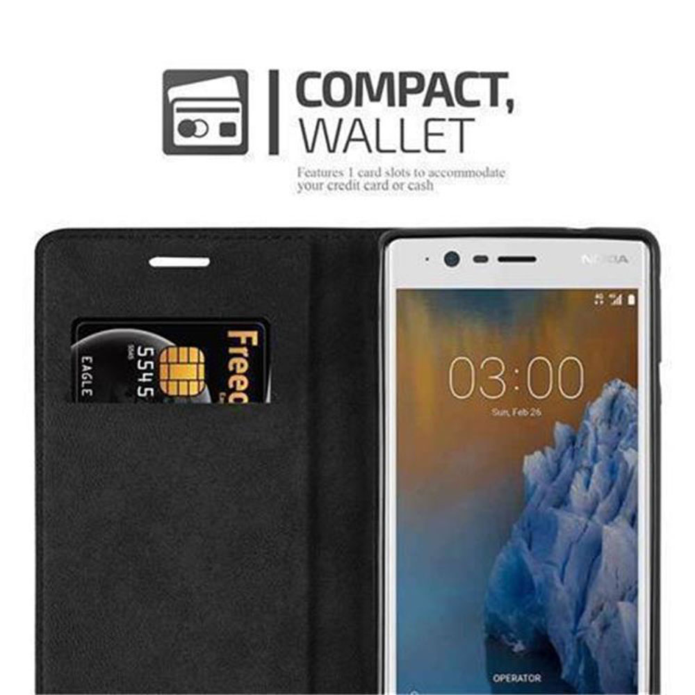 Schwarze Brieftasche mit einer Karte und einem Smartphone, das 03:00 Uhr anzeigt.