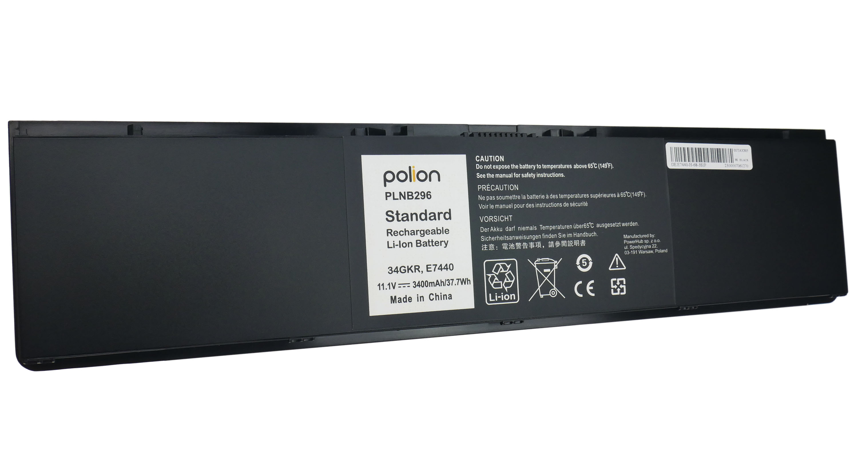 Czarna bateria Li-Ion, model PLNB296, 11.1V, 3400mAh, Made in China.