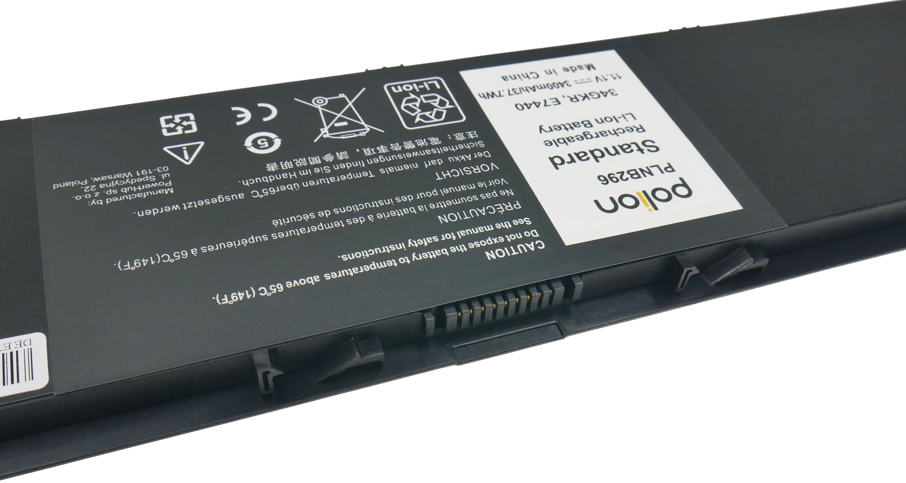 Czarna bateria z etykietami: 'polon', 'PLNB296', 'Standard Li-Ion Battery'.