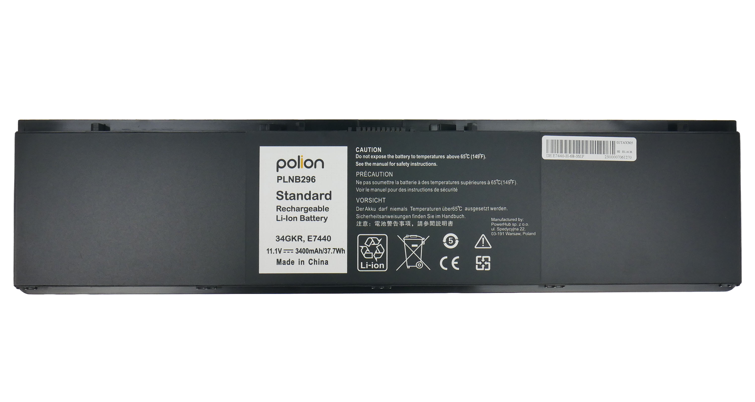 Czarna bateria Li-Ion Polion, model PLNB296, 34GKR, 11.1V, 3400mAh.