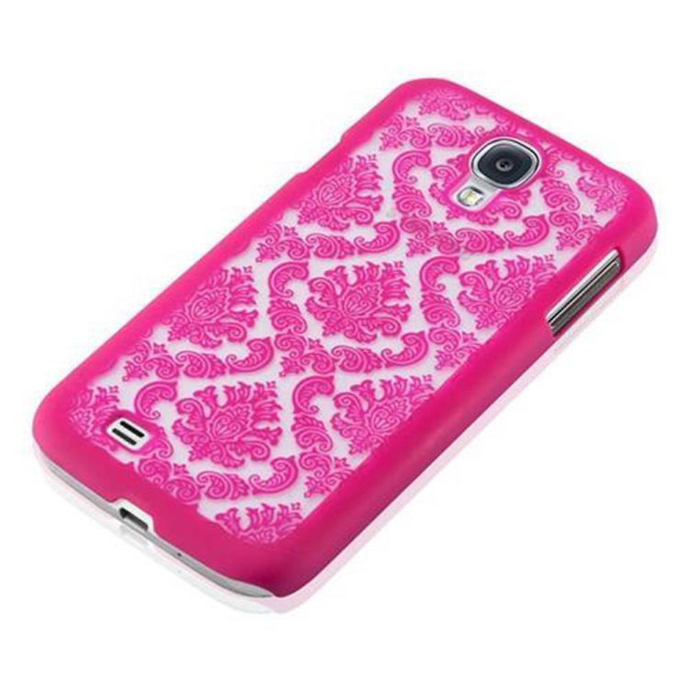 Una custodia rosa per telefono con motivo floreale.