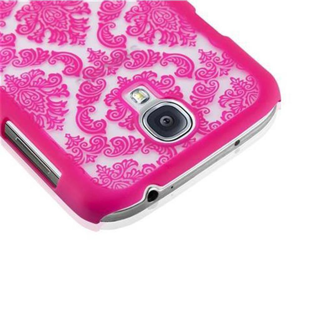 Una custodia rosa per telefono con un motivo su sfondo bianco.