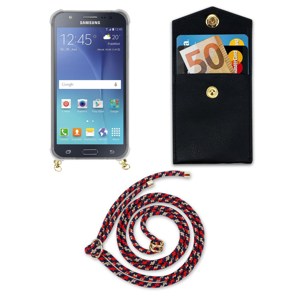 Uno smartphone con custodia nera, portafoglio con soldi e carte, e cordino.