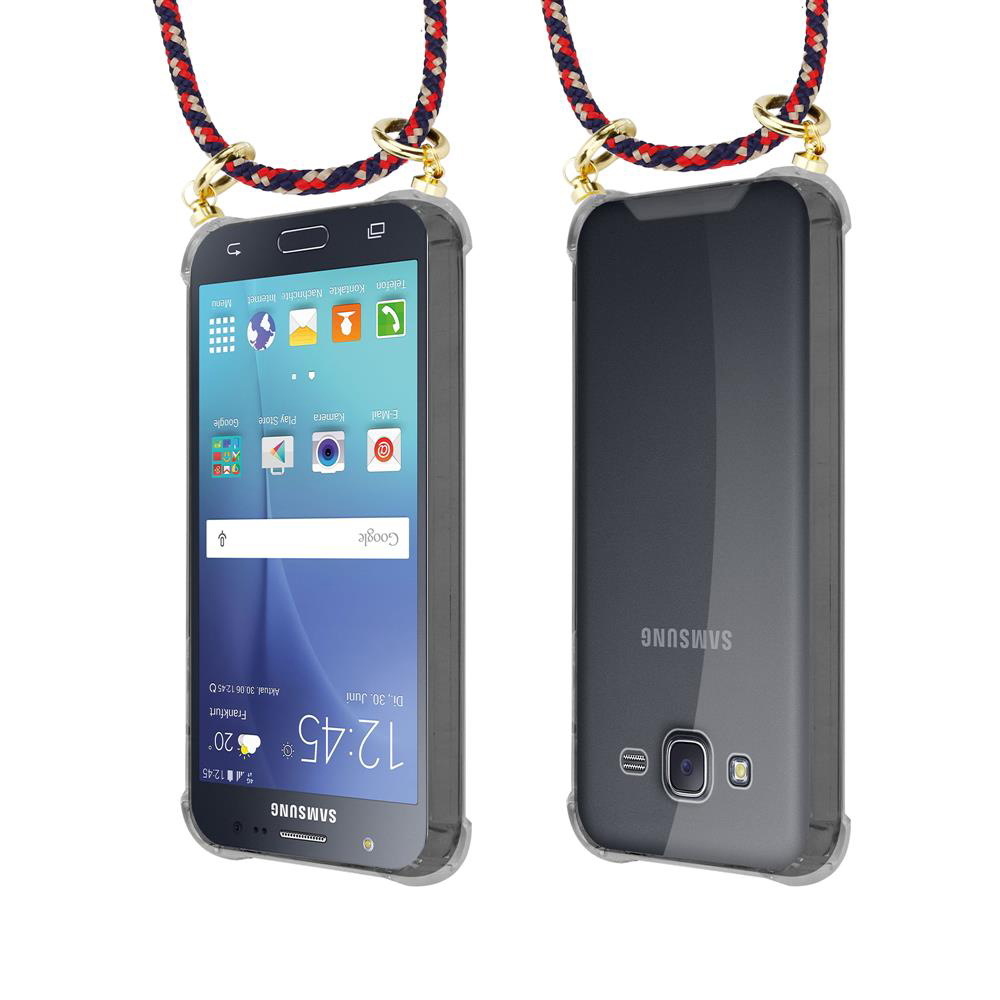 Telefono Samsung in custodia con laccetto: vista frontale e posteriore.