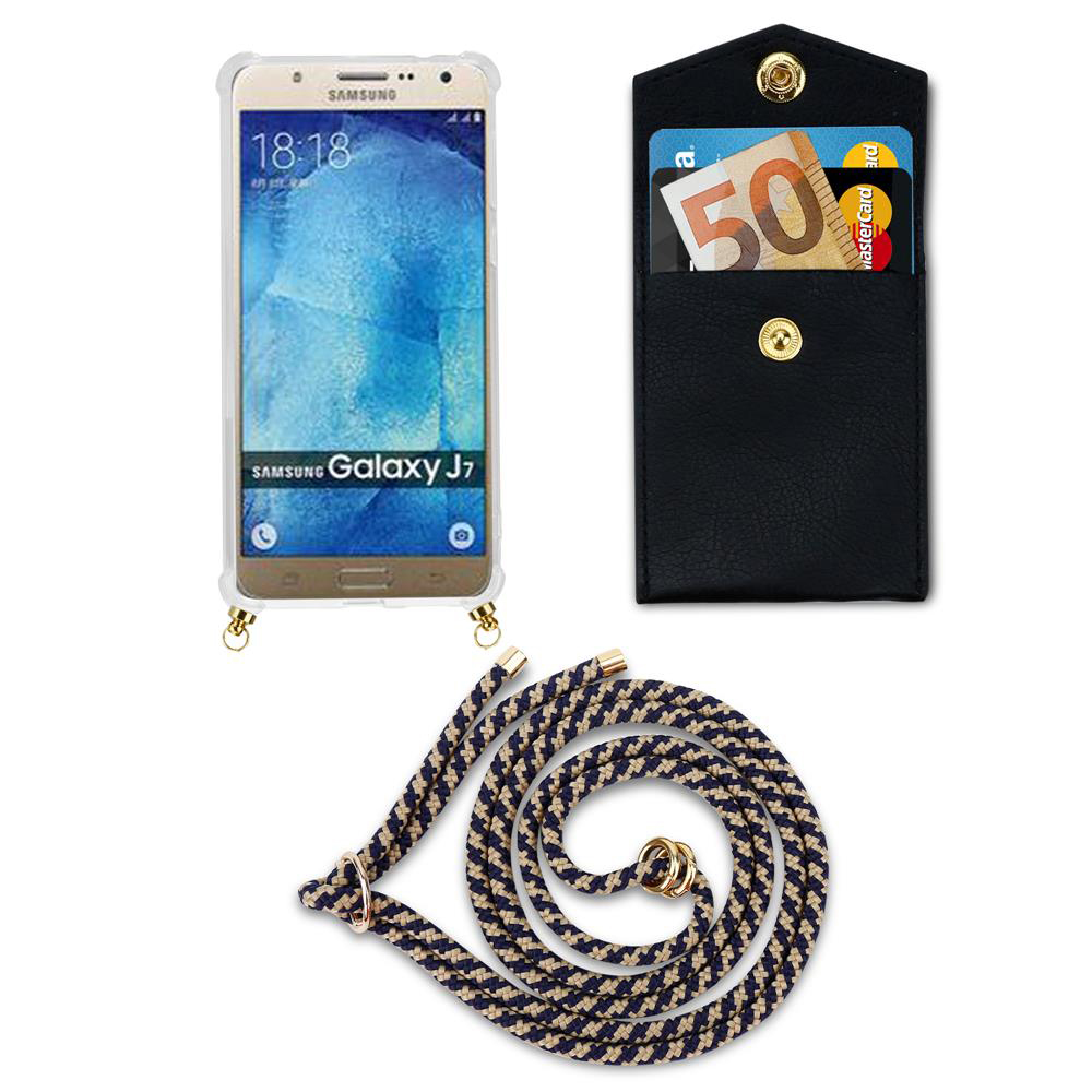 Un Samsung Galaxy J7, un portafoglio nero con carte e denaro, e un cordino