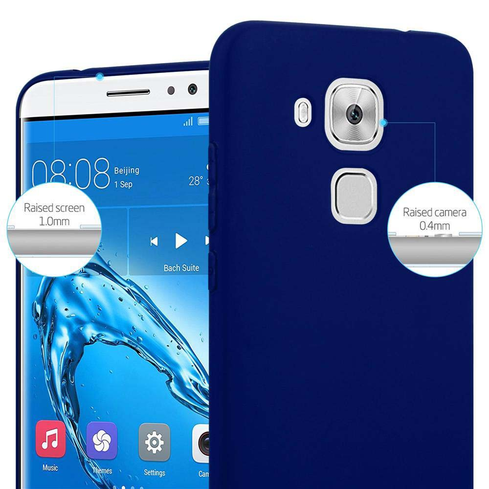 Un telefono blu con cover. Lo schermo mostra le 08:08 e informazioni meteo.