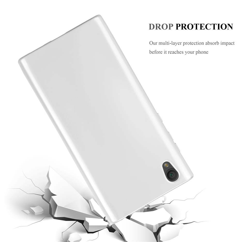 Un telefono bianco cade su terreno screpolato. Protezione.